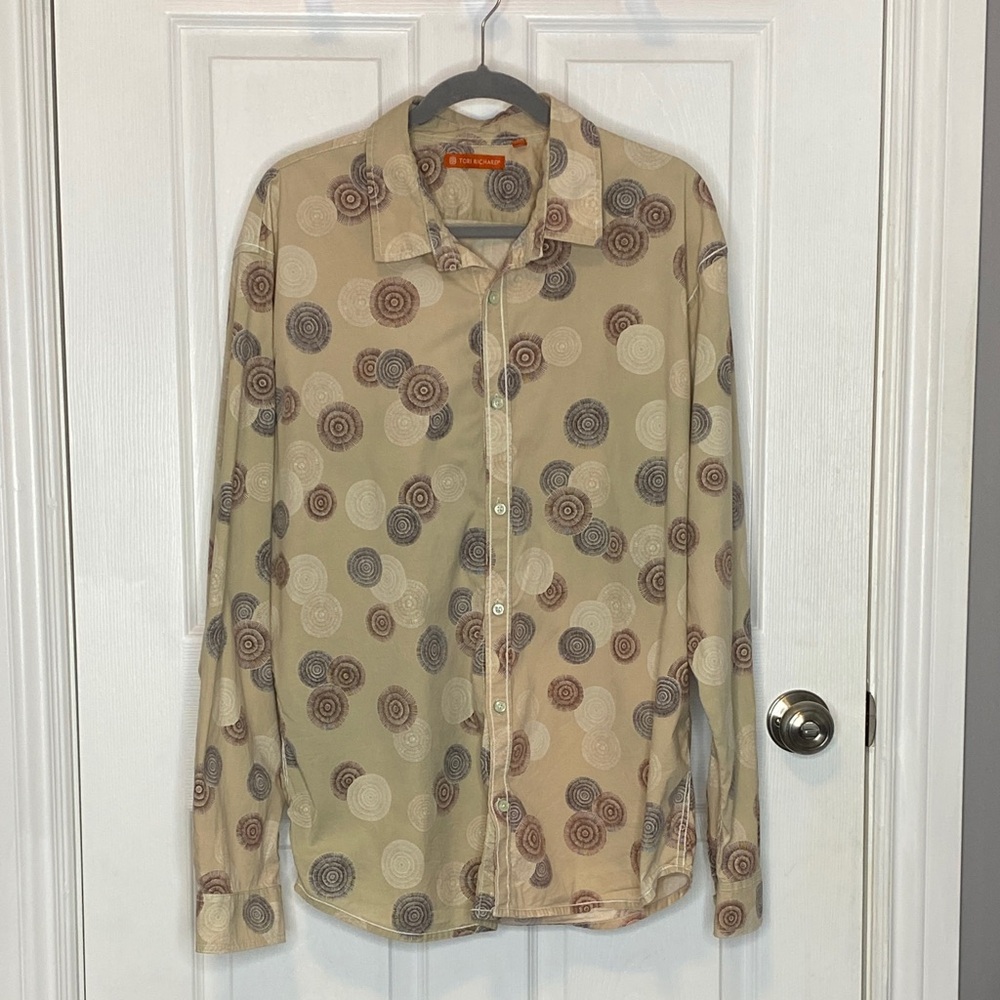 Tori Richard Beige Cotton Geo Print Button Down Shirt Resort 2XL - Picture 2 of 14